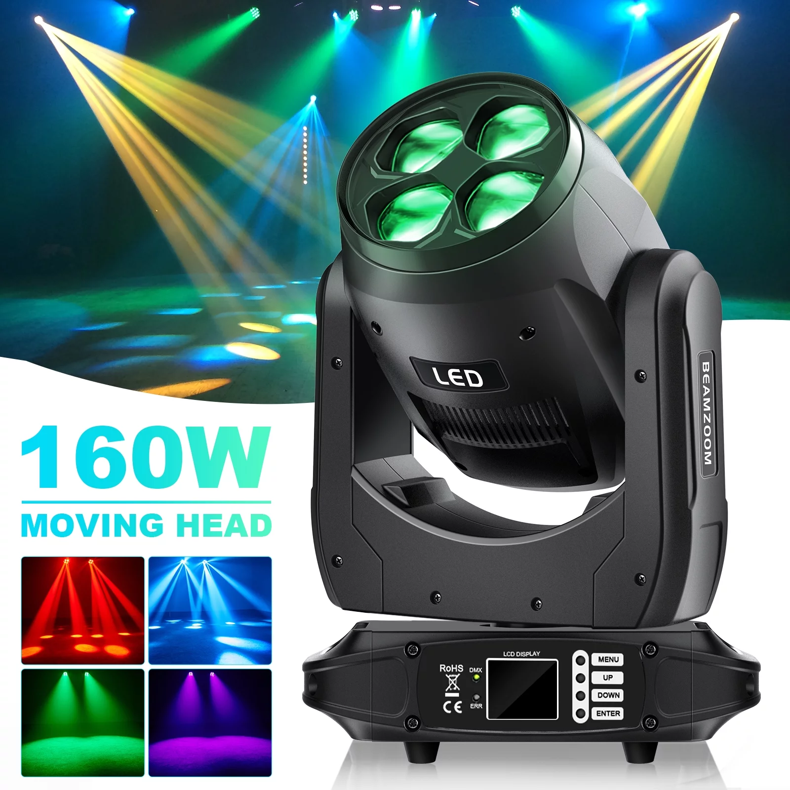 160W DJ Moving Head Lights 4-in-1 Zoom Effect Stage Light DMX-512 16 Channels Strobe Stage Lighting Sound Activated Spotlight RGBW for Party KTV Pub Bar Show Wedding