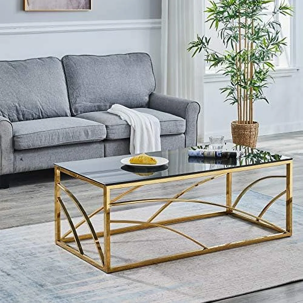 HBBOOMLIFE Stainless Steel Rectangular Accent Glass Coffee Table for Living Room- 46.8" Modern Sleek Center Table with Lounge Table with Black Grey Tempered Glass(Gold)