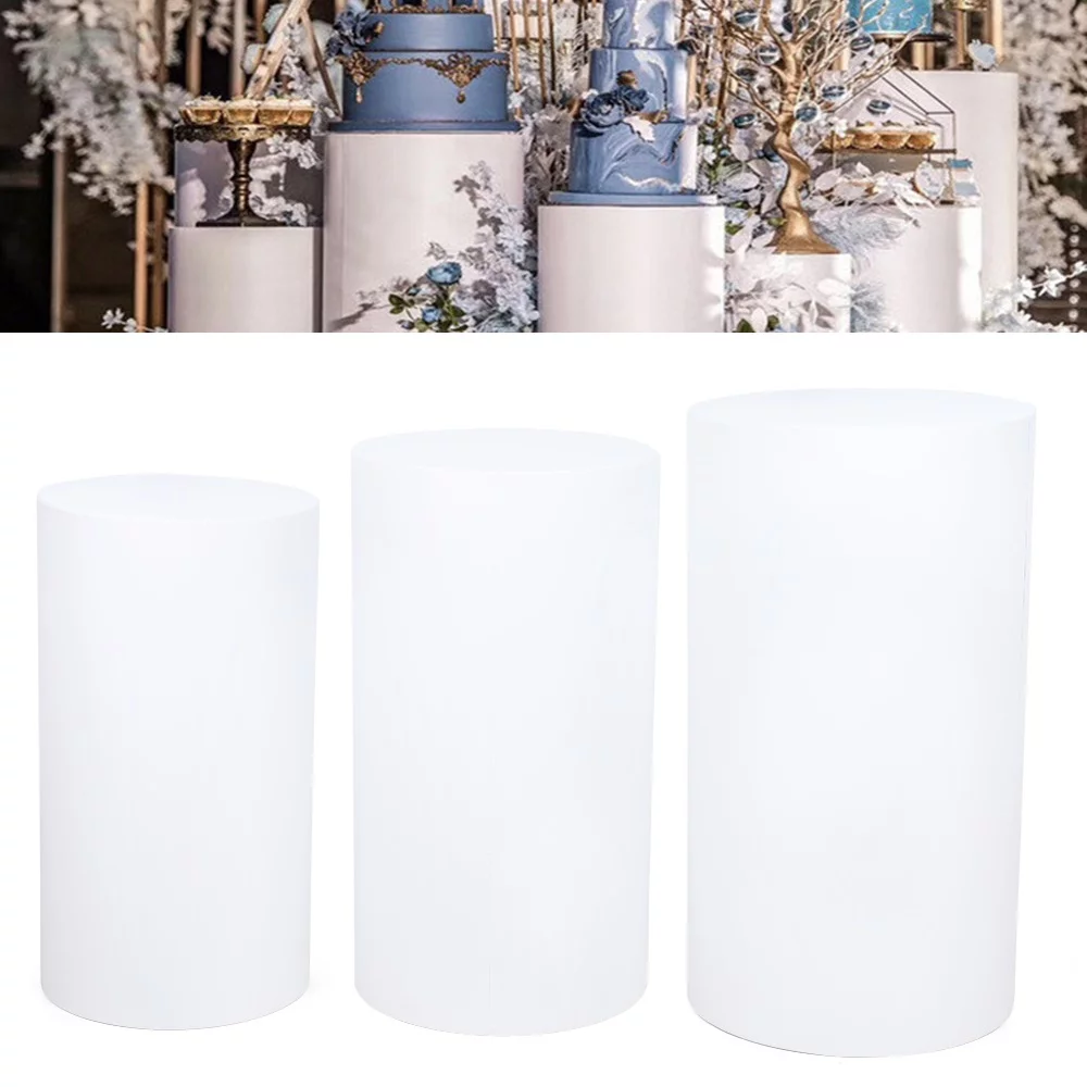 Loyalheartdy 3Pcs Round Cylinder Pedestals Display Rack White Iron Plinths Pillars Ornament Stand Wedding Party Decor Holder