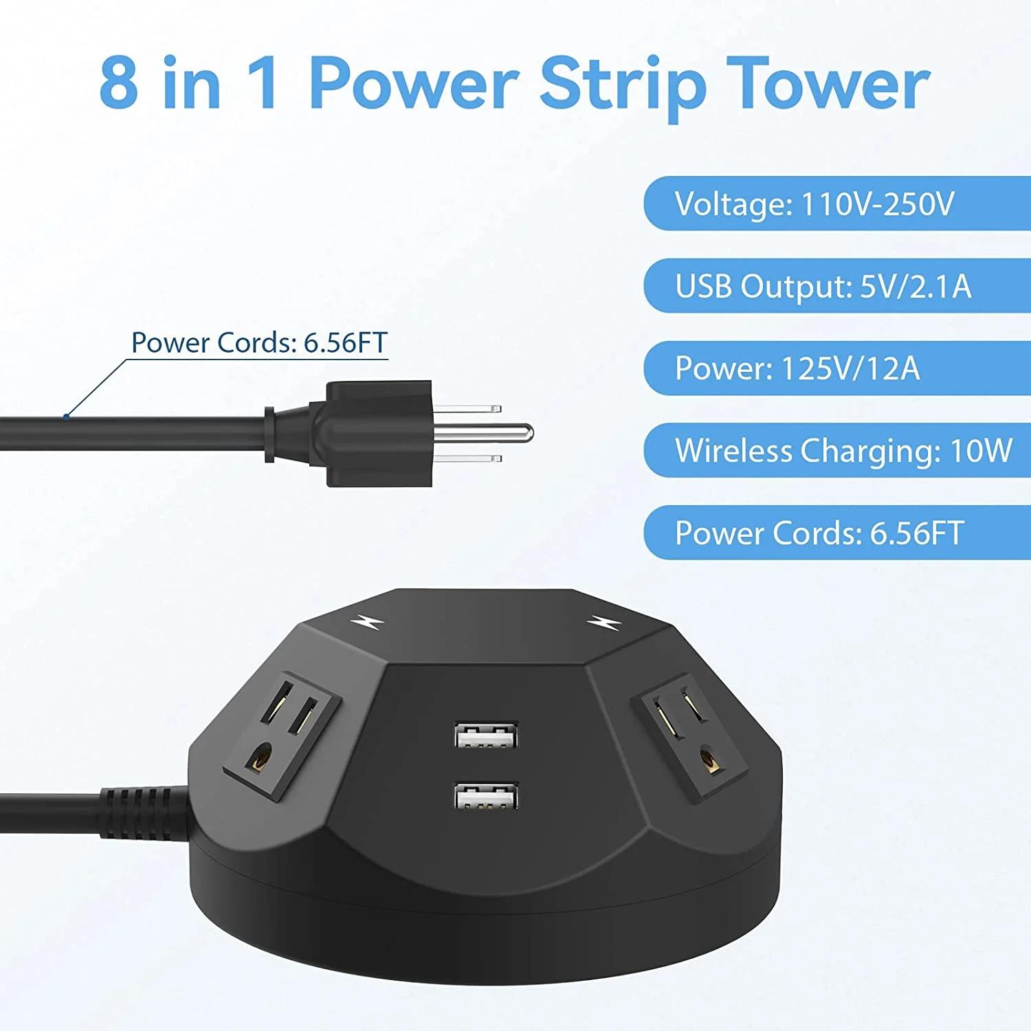 Power Strip Tower, 9 in 1 Surge Protector Tower with Wireless Charging, Power Tower with 4 AC Outlet Plugs and 4