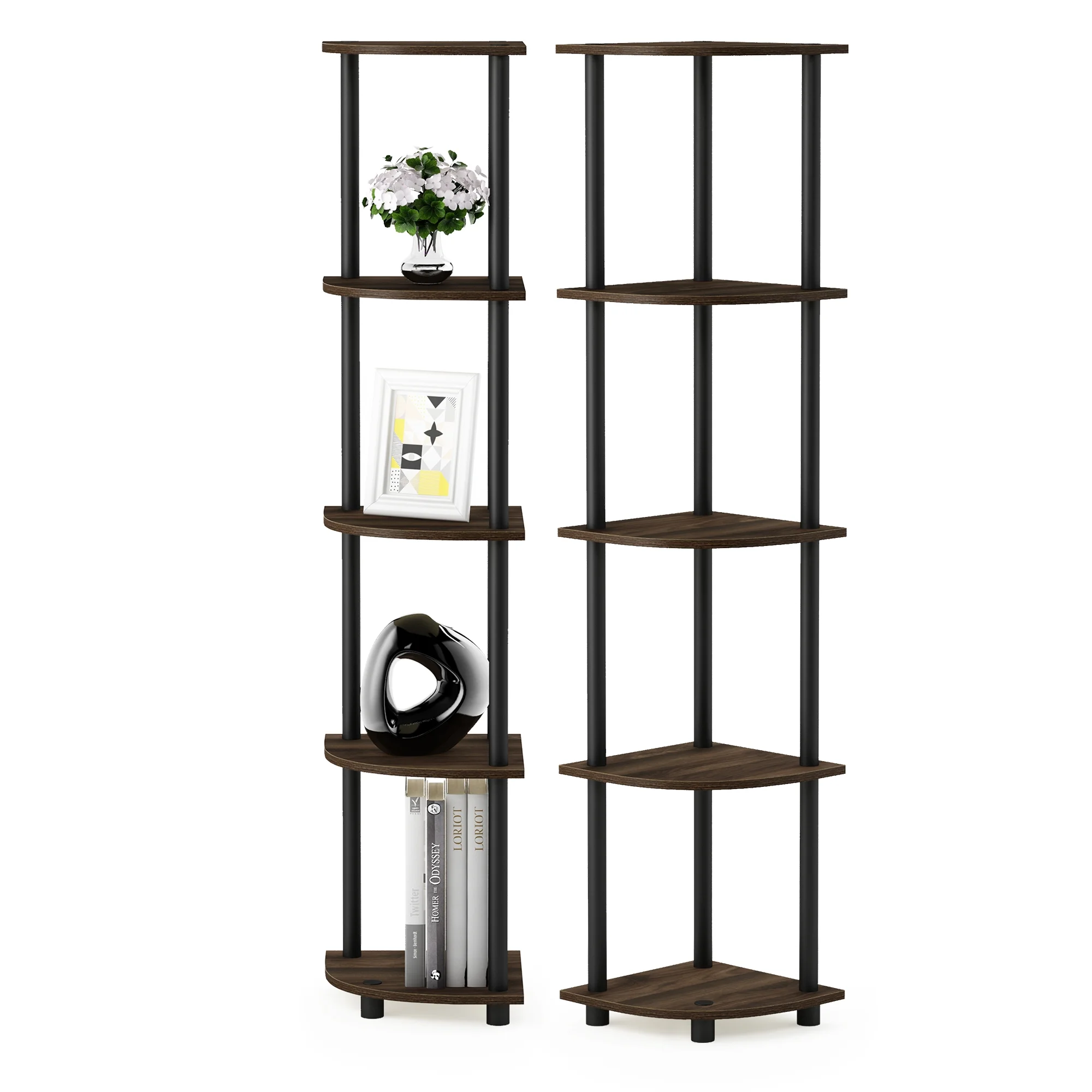 Furinno Turn-N-Tube 5 Tier Corner Display Rack Multipurpose Shelving Unit, Columbia Walnut/Black, Set of 2