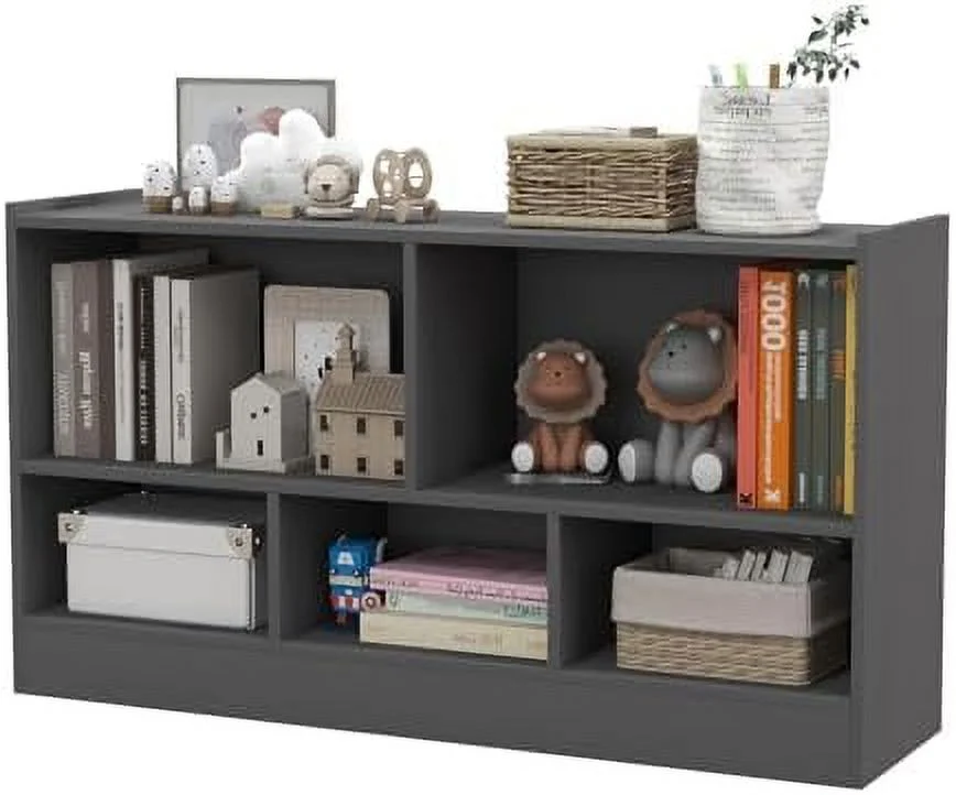 FDSHOIYN Wooden Montessori  for   5-Section  Cabinet  2-Tier Open  Bookshelf  Toy  Organizer for Playroom  Classroom  Grey