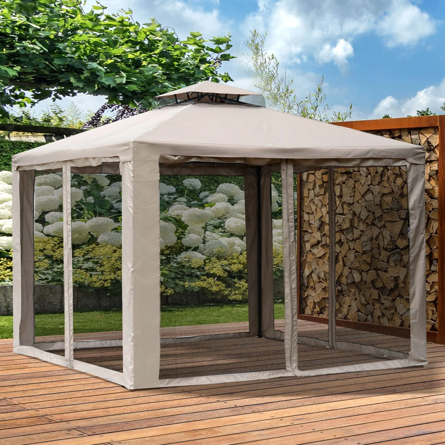 ZJbiubiuHome 9.6‘ x 9.6‘ Patio Gazebo  Outdoor Canopy Shelter with 2-Tier Roof and Netting  Steel Frame for Garden  Lawn  Backyard  and Deck  Taupe