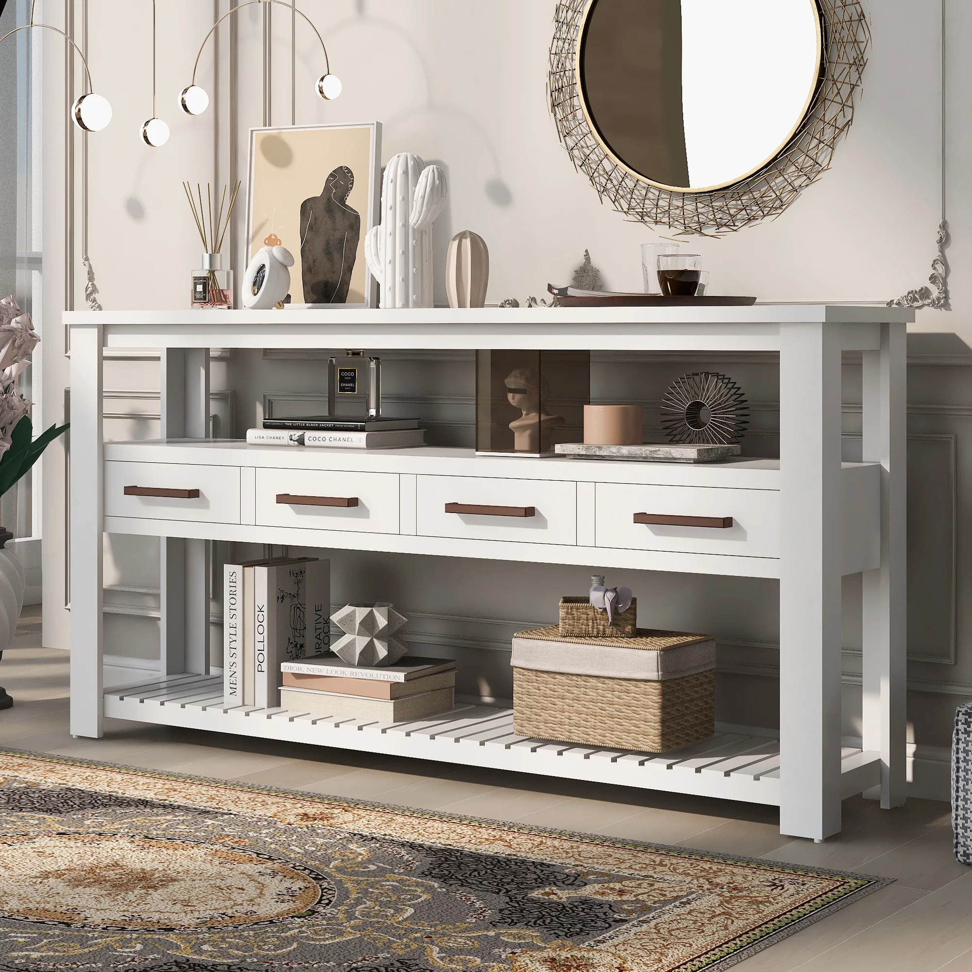White Storage Console Table, Modern Entryway Table, Wood Buffet Sideboard, Console Table with 4 Drawers and 2 Shelves, KAMIDA Console Table for Entryway Hallway Living Room, 62.2