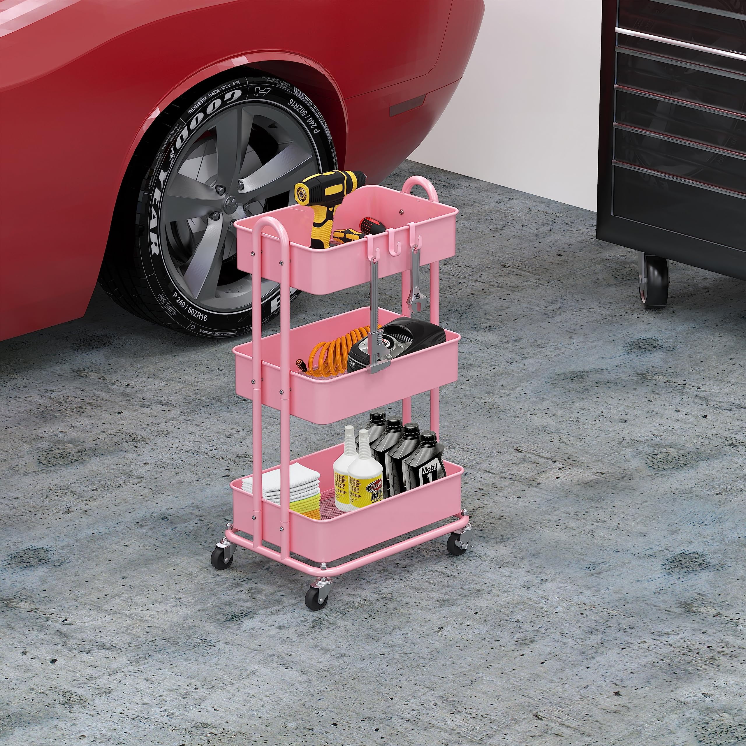 SHW 3-Tier Metal Rolling Utility Cart, Pink