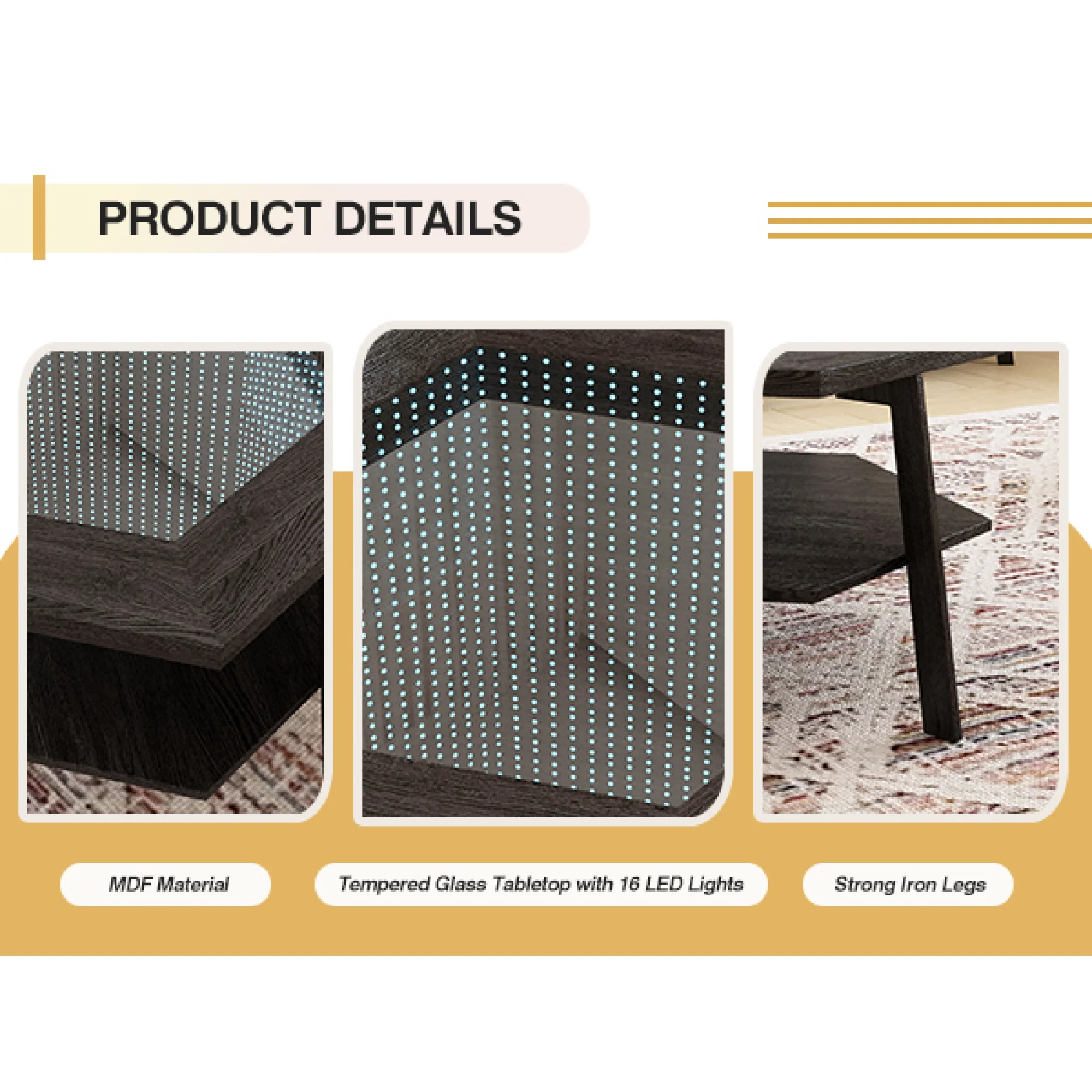 Modern Hexagon Smart Coffee Table with Voice-Activated LED Lights, Bluetooth - Living Room, Reception Room