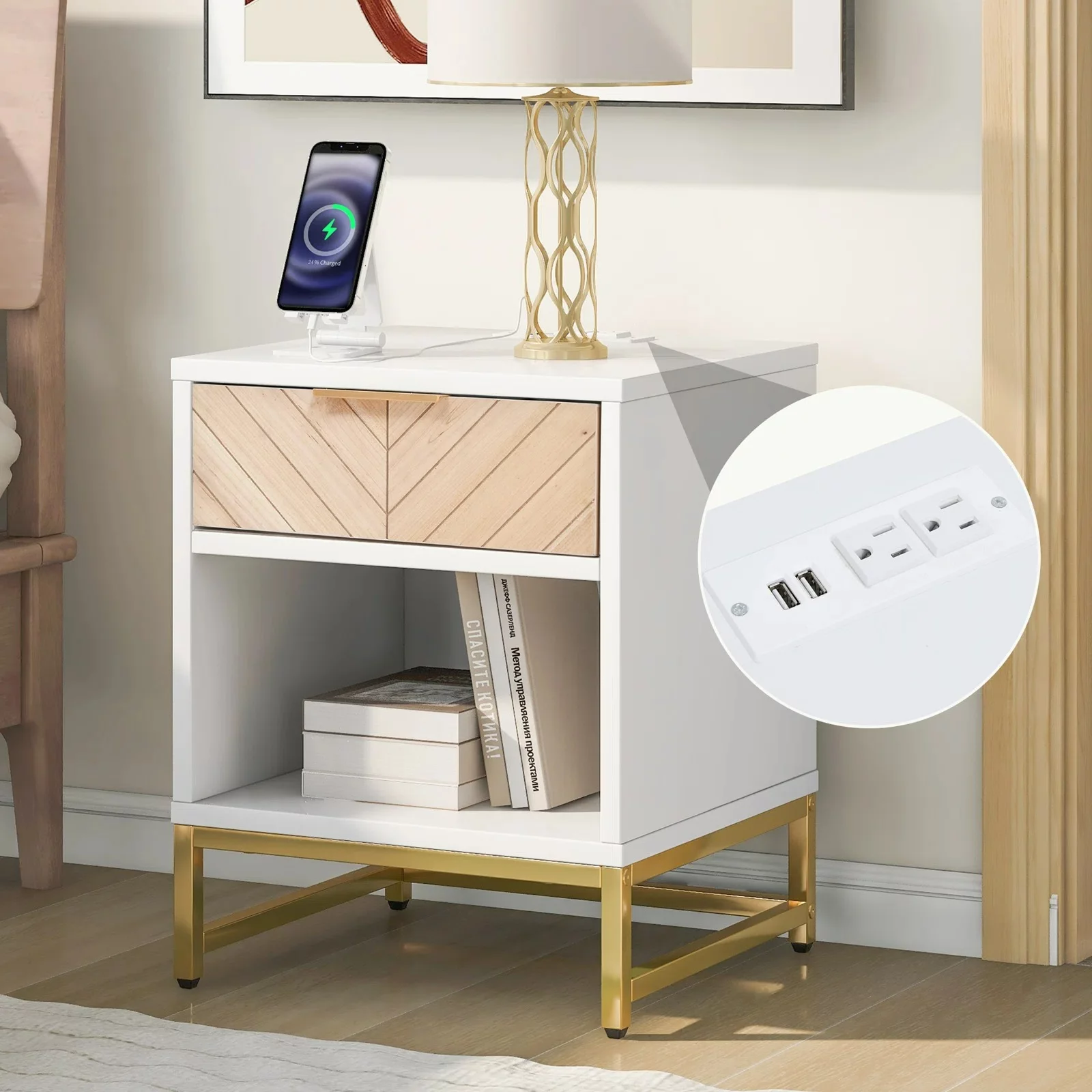 Semiocthome Modern Nightstand with Charging Station,with 1 Drawer,White Finish,Adult