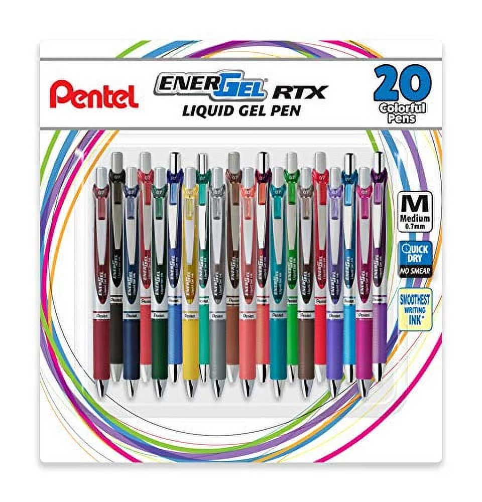 Pentel EnerGel RTX Retractable Liquid Gel Ink Pen, (0.7mm) Medium, Assorted Ink, 20 Pack (BL77BP20M), Assorted
