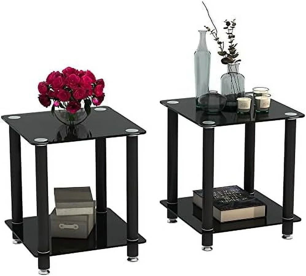 CHNBVC Glass End Tables Living Room   Modern Sofa  Set 2  Transparent Tempered Glass Small Square Corner  for Home Bedroom  (2Pcs-All Black)