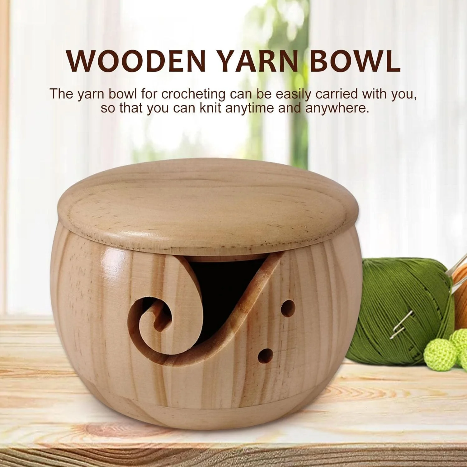 Wooden Yarn Storage Bowl - Knitting Wool Holder with Lid and Carved Holes Handmade Crafts | Portable Crochet Hooks Round Basket Organizer for DIY Sewing Crocheting