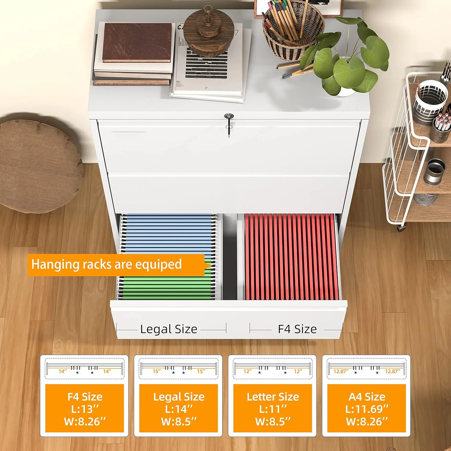 White File Cabinet 3 Drawer, Metal Lateral Filing Cabinet with Lock, Locking White Horizontal Cabinet with Adjustable Frame for Home Office