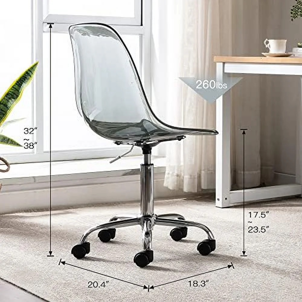 CGFHYP Acrylic Clear Desk Chair  Modern Small Cute Armless Vanity Rolling Plastic Chair Home Office Lucite Ghost Curved Chairs Padded with Golden Legs and Adjustable Height  Gold