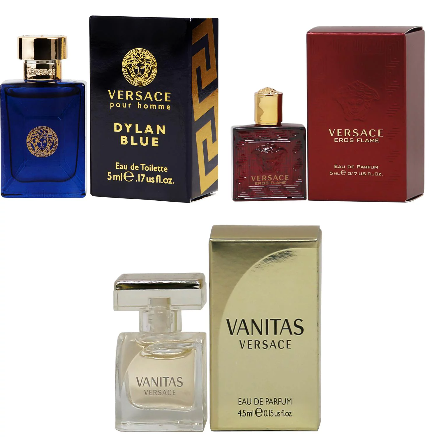Versace Dylan Blue EDT, Eros Flame EDP, Vanitas EDP  - 5ml 3PK Kit