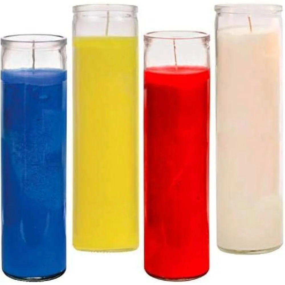 Prayer Candles - Red Yellow Blue White Wax Candle (4 Pack) Great For Sanctuary, Vigils - Unscented Glass Jars Candle Set - Jar Candles - Spiritual Religious Church