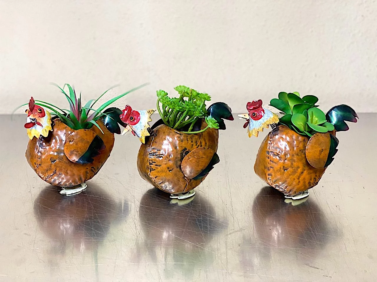 S/3 Chicken Planters Small Brown Metal Rustic Indoor Outdoor Decor Farmhouse Barnyard Inspired 7