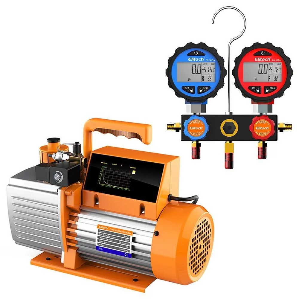 Elitech SVP-7 Vacuum Pump 7 CFM 2 Stage Intelligent HVAC DMG-3 AC Manifold Gauge Set 2 Way Hoses Coupler Adapters