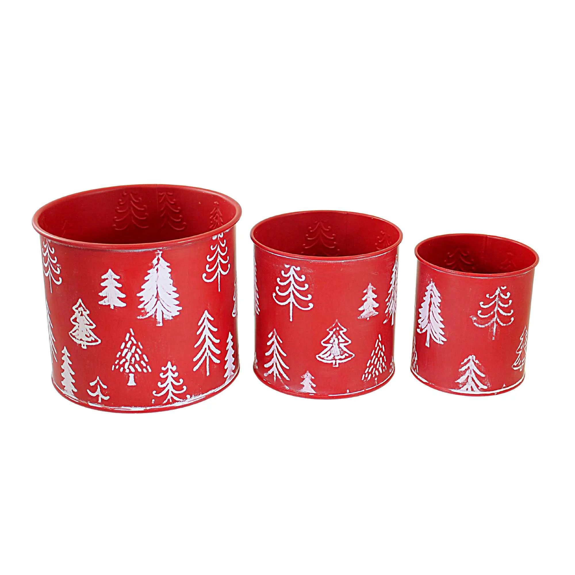 Ganz Red Christmas Tree Planter - Three Planters 5.5 Inch, Metal - White Embossed Trees CX181772