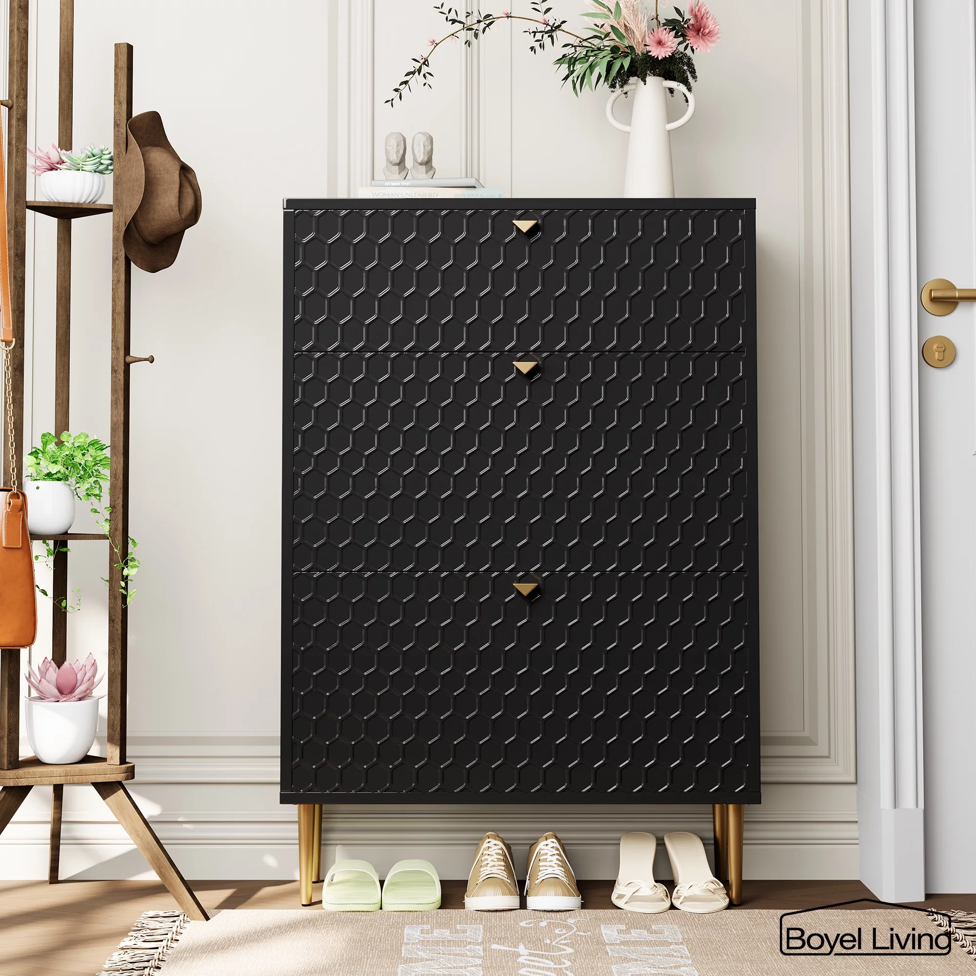 Boyel Living Shoe Cabinet Black 24 Pair Entryway Shoe Storage Organizer Flip Drawers for Bedroom Closet Shoe Rack Shelf Organizer Modern Wooden Storage Shoe Organizer Cabinet