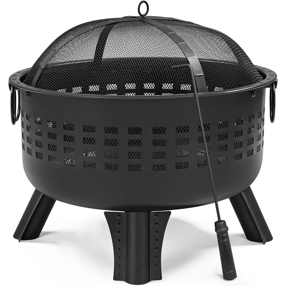 Topeakmart 25'' Round Outdoor Fire Pit Lattice Pattern Portable Fire Bowl with Spark Screen Fire Poker, Black