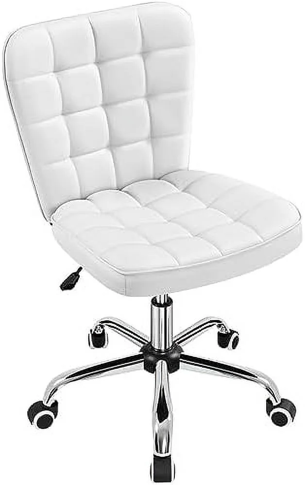 Armless Desk Chair JOMA Tufted Office Chair Faux Leather Upholstered Computer Chair with Adjustable Seat Height and Rolling Wheels for /Office  White