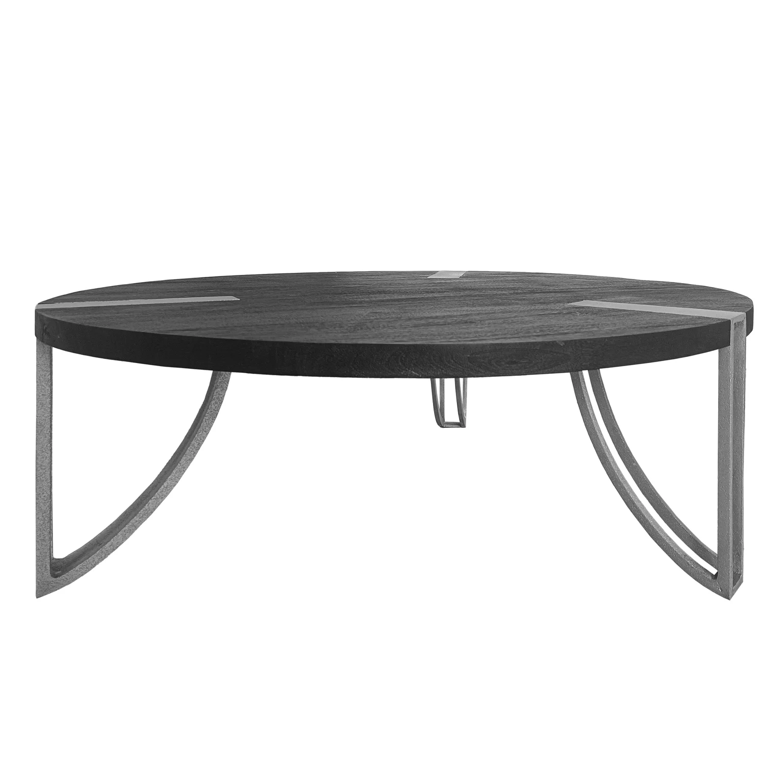Maykoosh 35 Inch Round Coffee Table, Sandblasted Matte Black Mango Wood Top, Curved Aluminium Legs, Renaissance Revival Silver