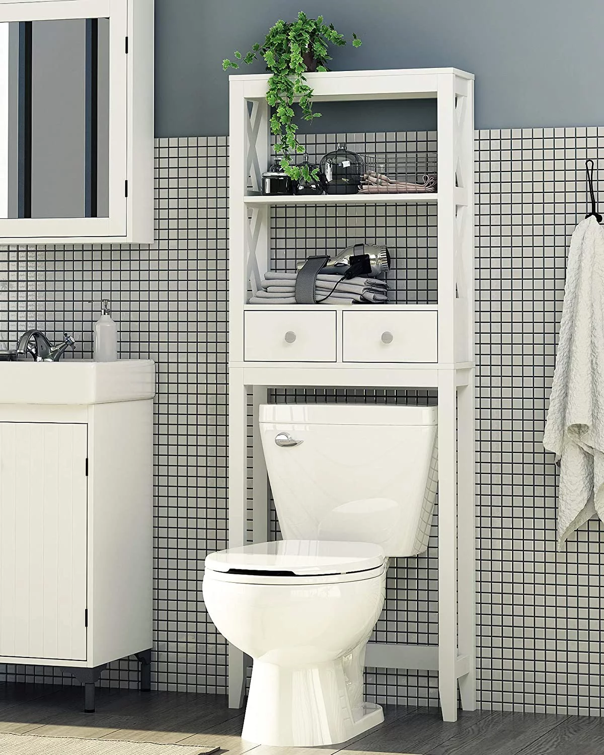 GOURE Over Toilet Storage Shelf with Drawers, X- Frame Over The Toilet Cabinet for Bathroom Storage, Above Toilet Storage Cabinet, White