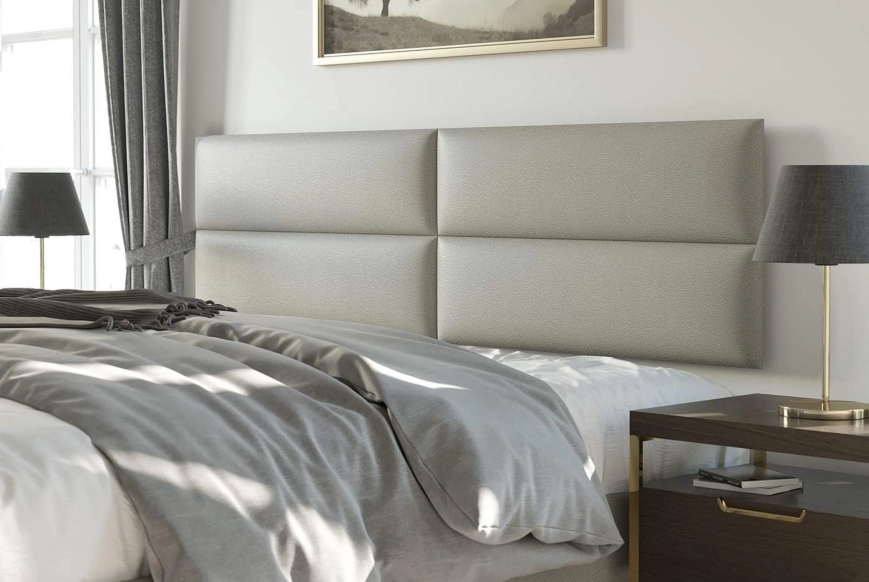 Upholstered Wall Panels - King/Cal King Size Wall Mounted Headboards – Zigrino Leather Oyster – Panel Size 39” Wide X 11.5” High - Pack Of 4 Panels