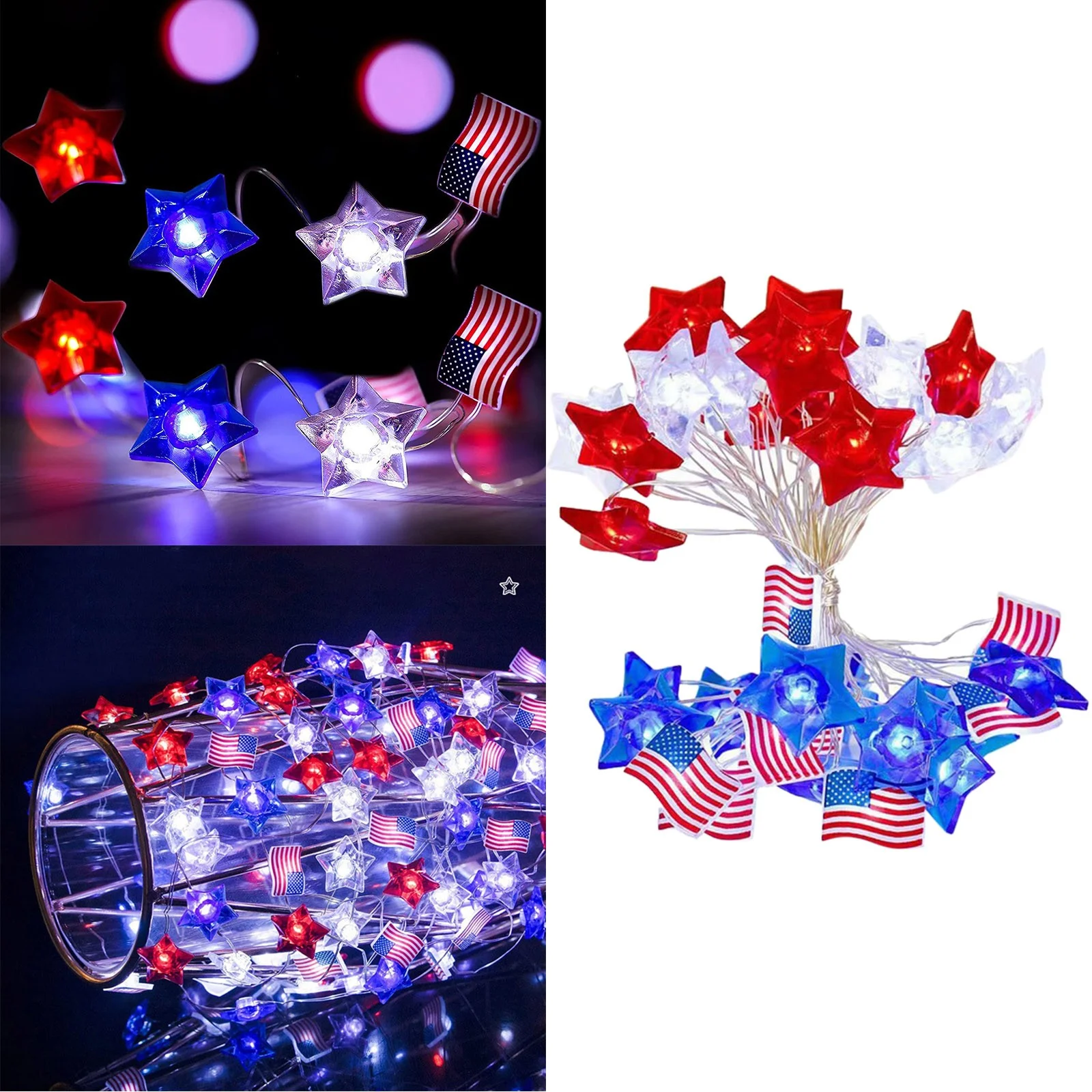 American Flag Copper Wire Lamp Fourth Of July Flag LED String Five Pointed Star String Lights Fourth Of July Decorative Lights String Icicle Christmas Lights Wire Decorative Trees with Lights Outdoor