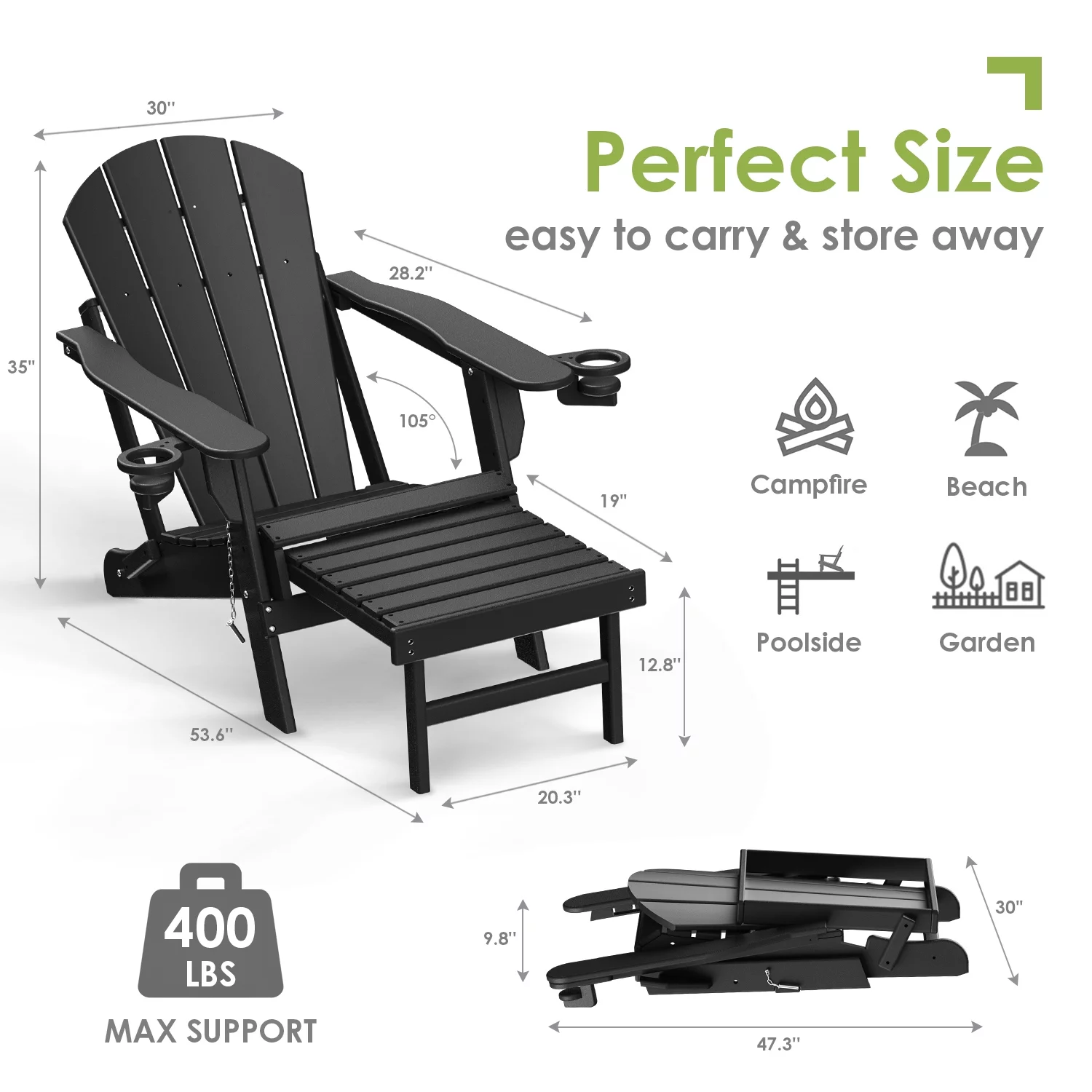 Folding Adirondack Chair with Ottoman, HDPE All-Weather Poolside Chairs w/Cup Holders & Footrest, Black