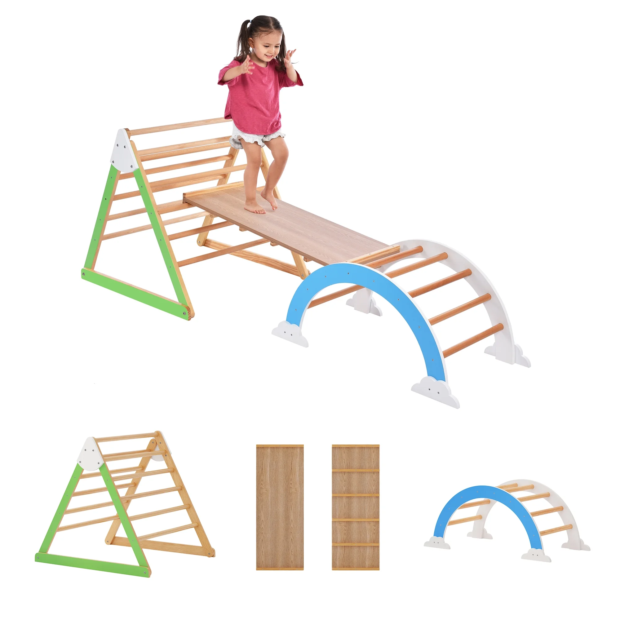 EUROCO  Colorful  Climbing Toys for Toddlers,  Reversible Multifunction Toddler Climbing Toys Indoor, Montessori Climbing Set with Ramp and Arch Toy Rocker, Solid Wood  Toys for Toddlers