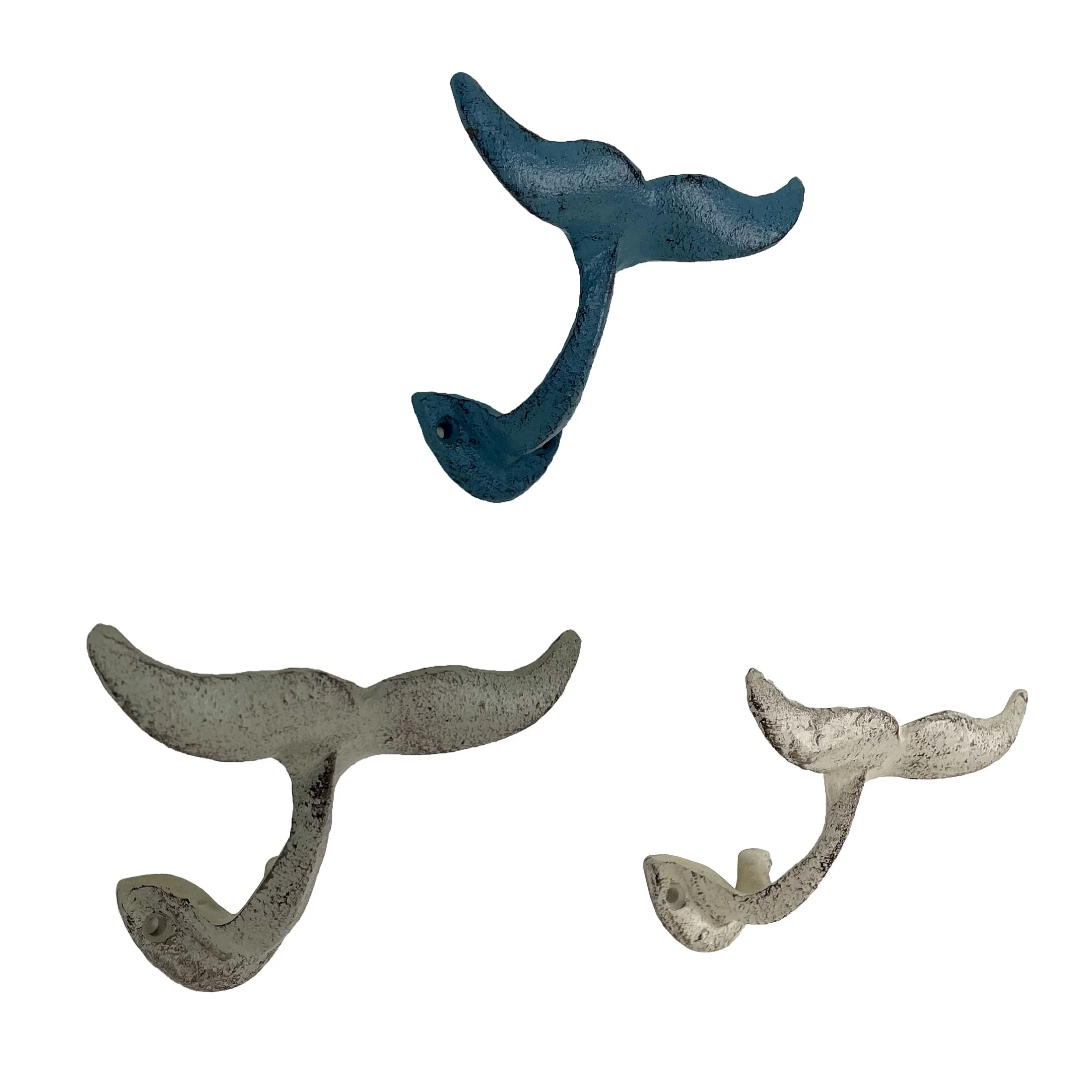 Zeckos Set of 3 Cast Iron Nautical Whale Tale Wall Hooks