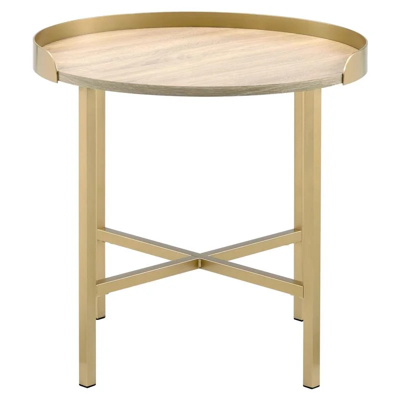Bowery Hill Round Wooden Top End Table with Cross Bar Base in Oak and Gold