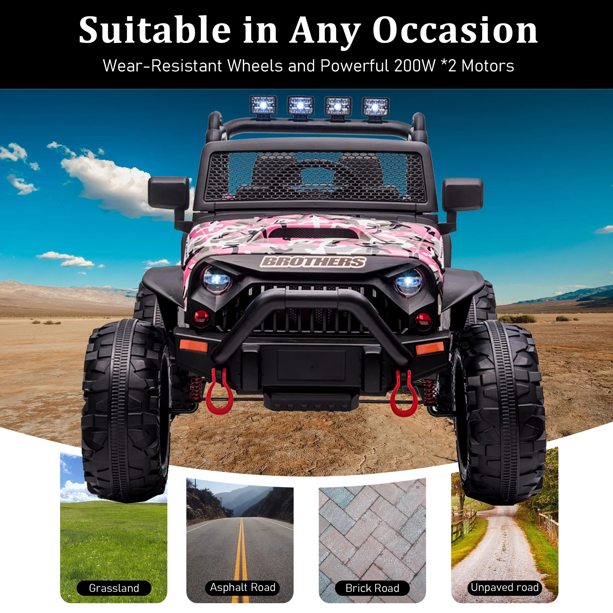 Ufurpie 24V JEEP Double Drive Children Ride-on Car With 200W*2 12V9AH*2 Battery,Parent Remote Control,Led Lights,Music Board with Bluetooth/MP3,Pink Camo