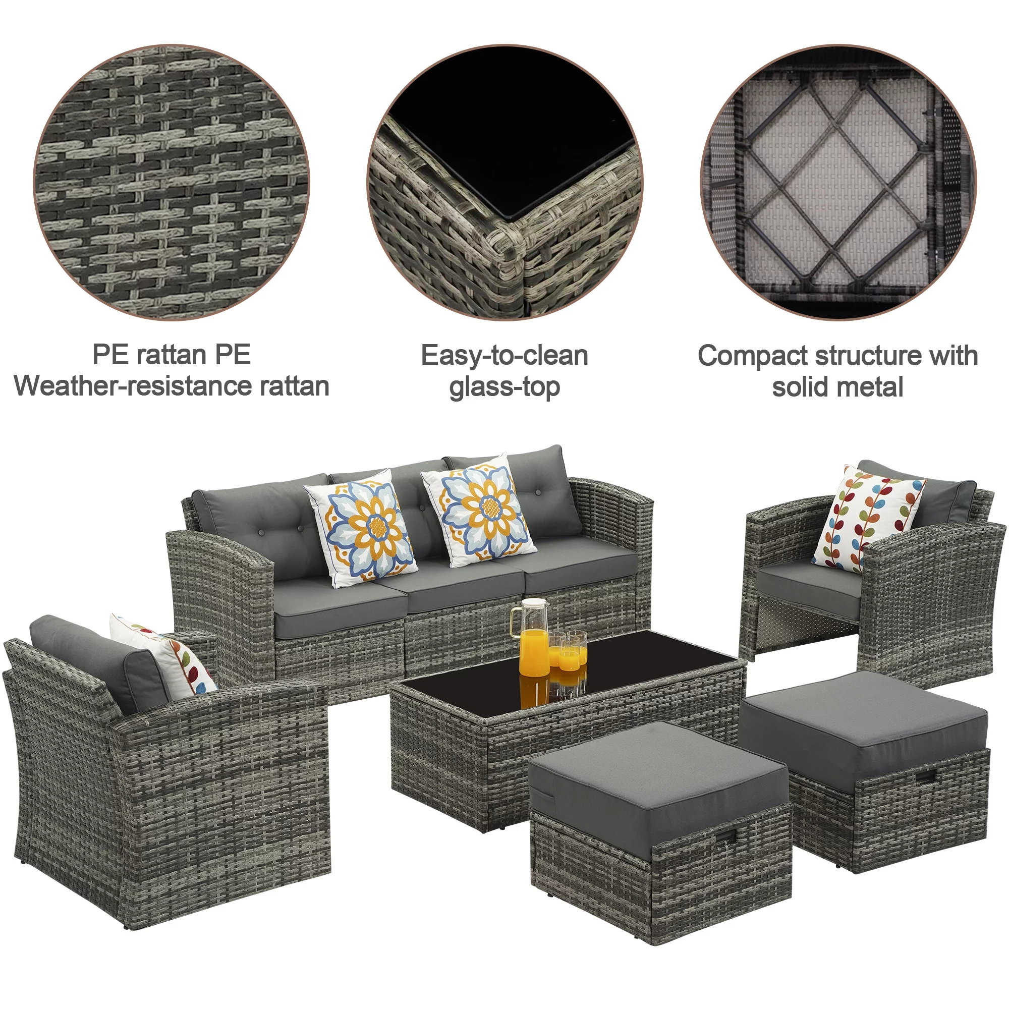 Cozyhom 8 Pieces Gray Wicker Rattan Patio Aluminum Sofa Furniture Set with Dark Gray Cushions
