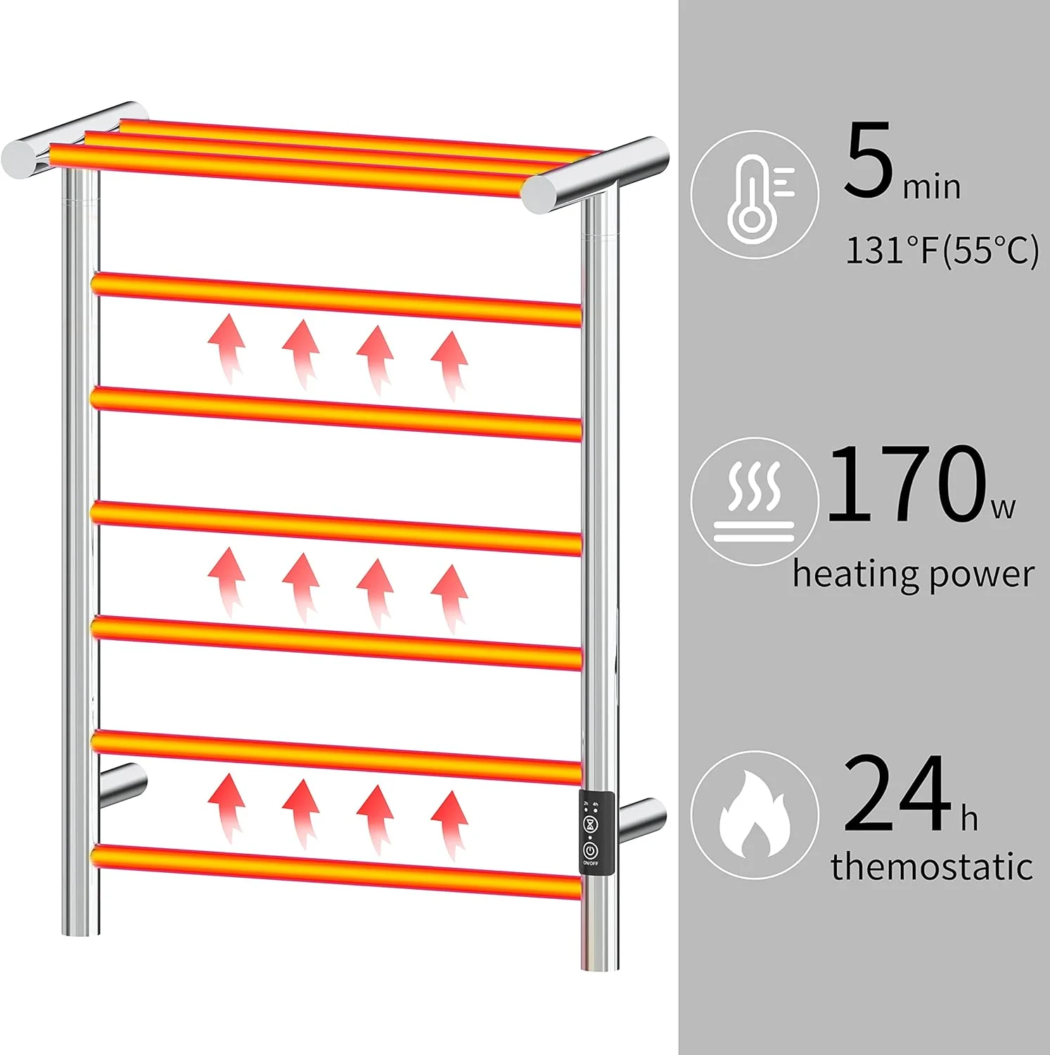 Polish Chrome Heated Towel Rack Towel Warmer 6 Bar Plug-in Curved Bath Towel Heater Wall Mounted Hot Towel Racks with Top Shelf Plug-in Drying Rack