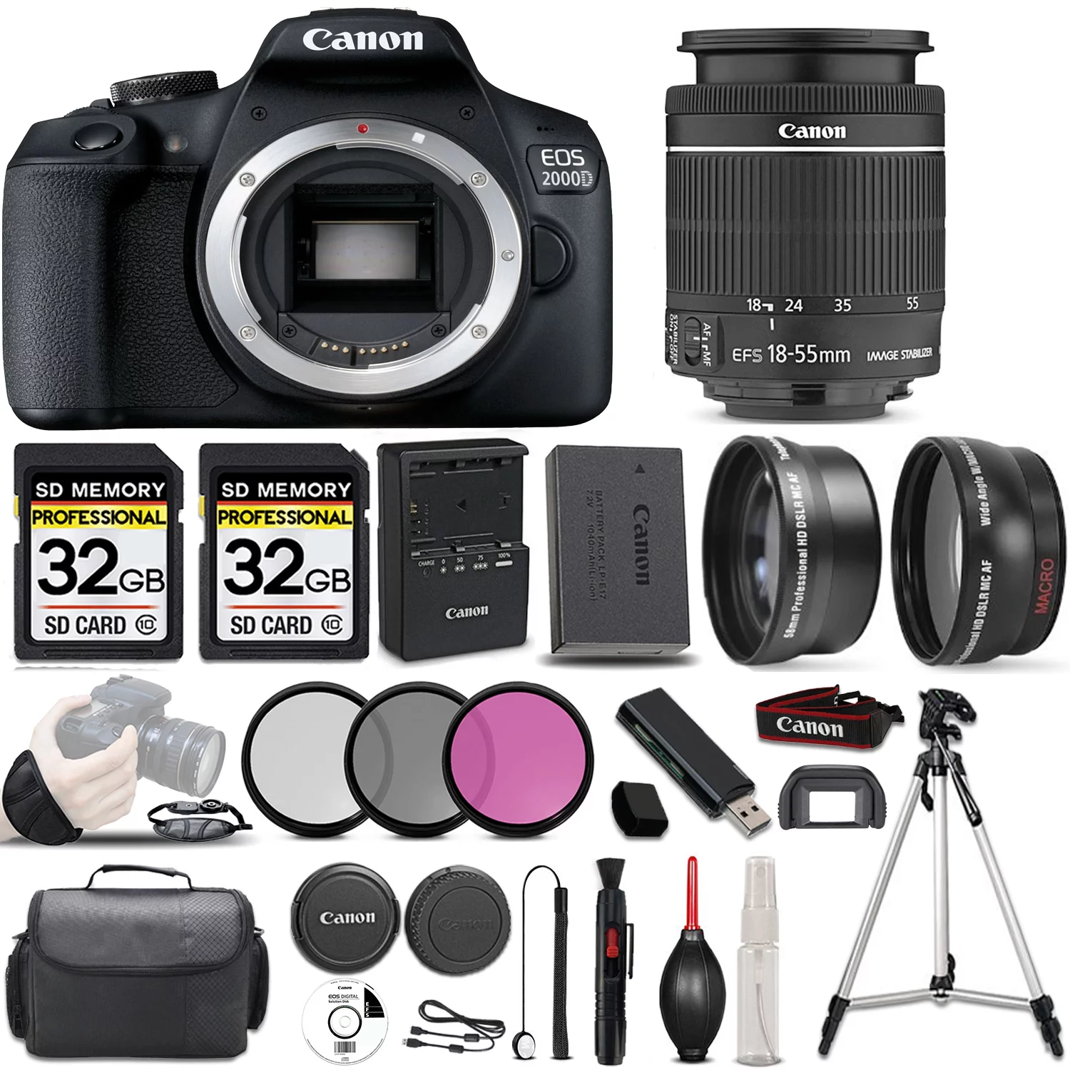 Canon EOS 2000D (Rebel T7) DSLR Camera + Canon EF-S 18-55mm f/3.5-5.6 IS STM Lens + 0.43X Wide Angle Lens + 2.2x Telephoto Lens + 64GB Storage - All Original Accessories Included - International Versi