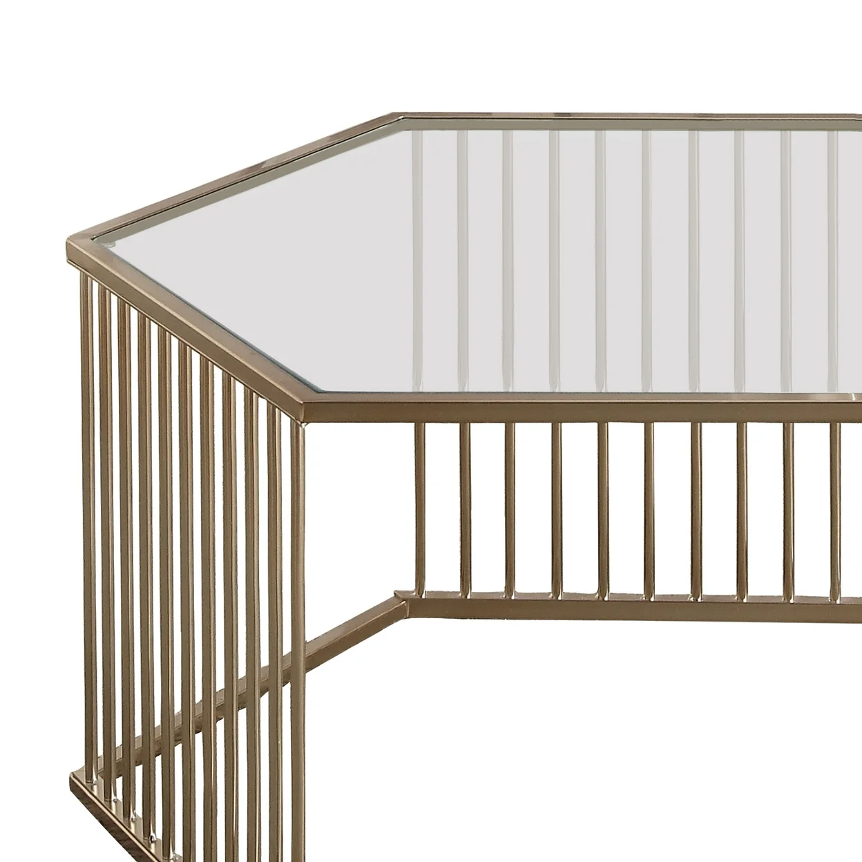 Mirrored Top Hexagon Coffee Table With Vertical Line Metal Base Champagne and Clear - Saltoro Sherpi