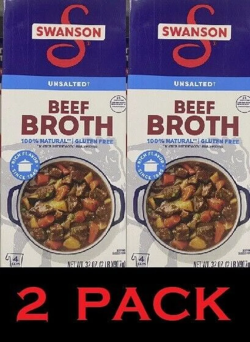 2x Beef Broth 100% Natural - UNSALTED Gluten Free 32 oz Carton - 2 PACK