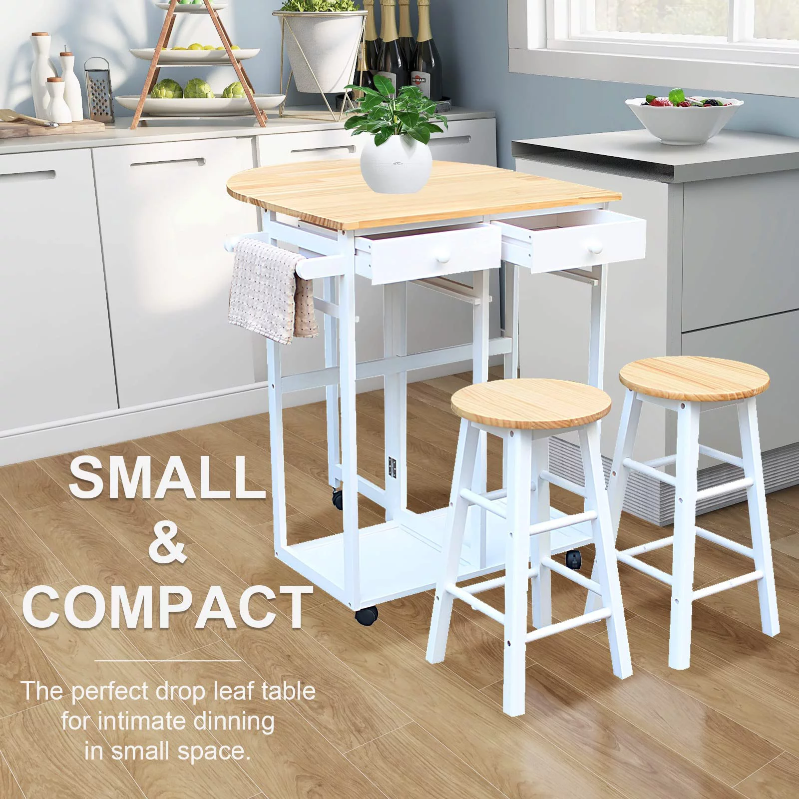 3Pcs Drop Leaf Table, Rolling Kitchen Tables for Small Spaces, Space Saving Dining Table Set for 2, Beige/White