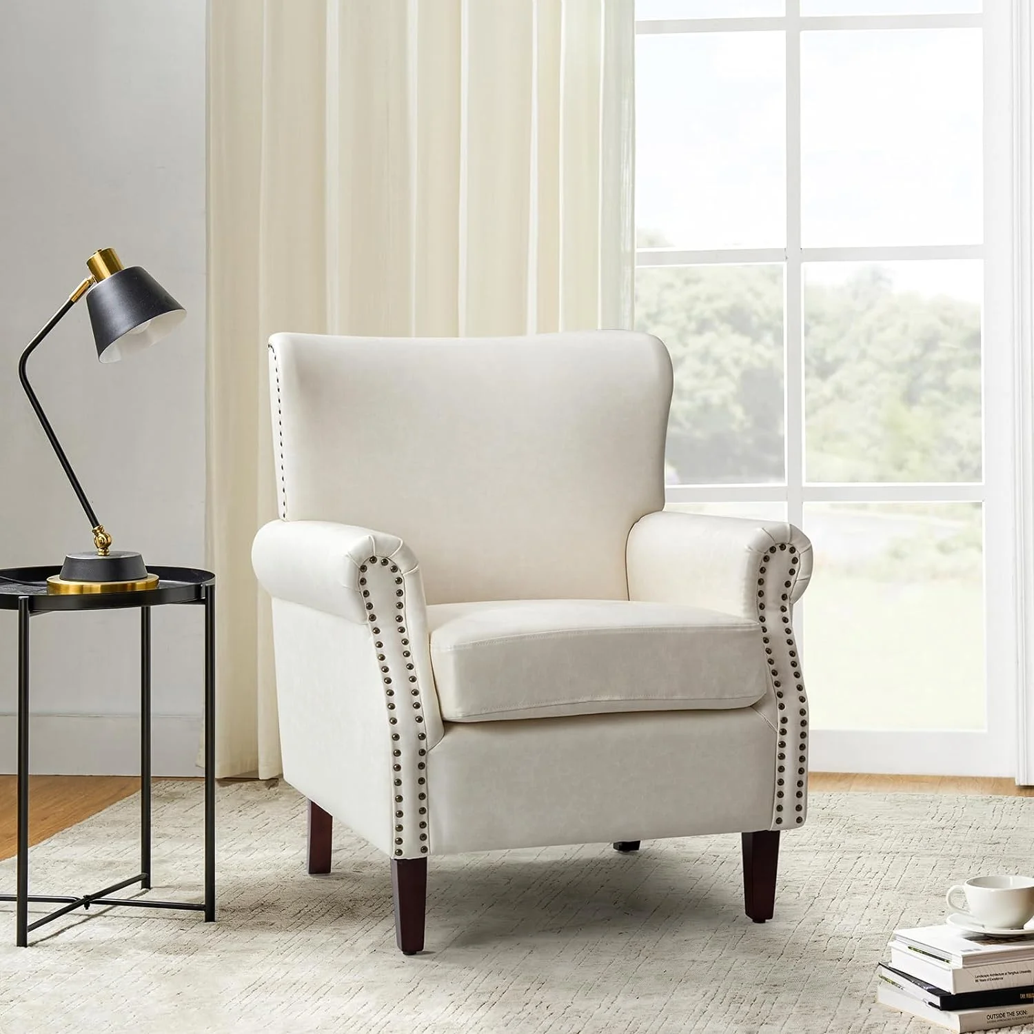 Faux Leather Accent Chair With Rolled Armrests & Nailhead Trim, Comfy Upholstered Living Room Armchair With Removable Cushion, Traditional Single Sofa Chair For Bedroom Office, Ivory
