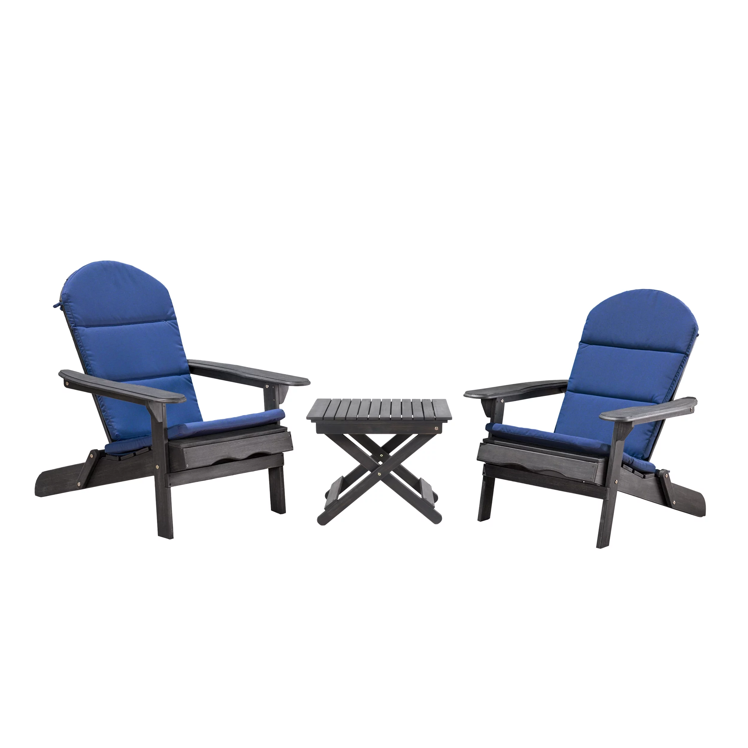 GDF Studio Cartagena Outdoor Acacia Wood 3 Piece Adirondack Chair Chat Set with Cushions, Navy Blue and Dark Gray