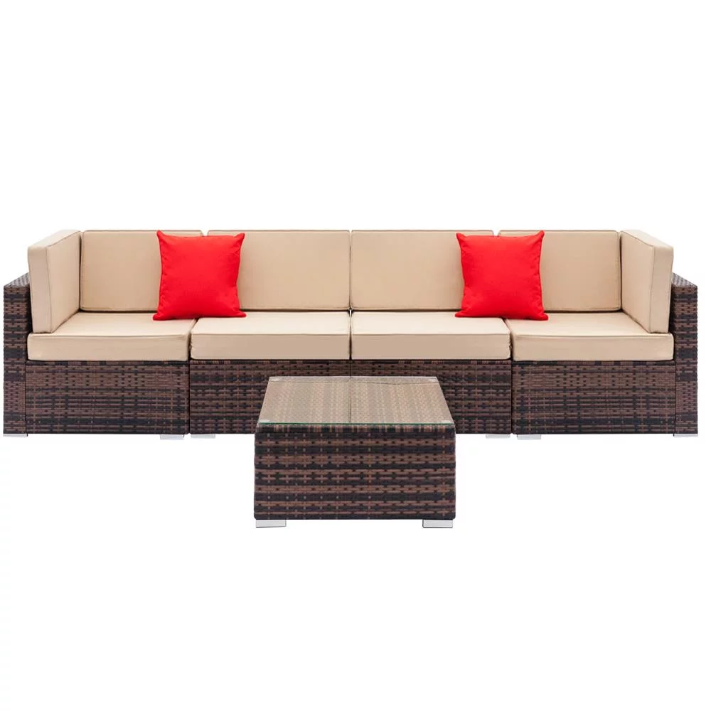 Ktaxon 5 Piece Patio PE Rattan Wicker Iron Frame Sectional Sofa Set Brown