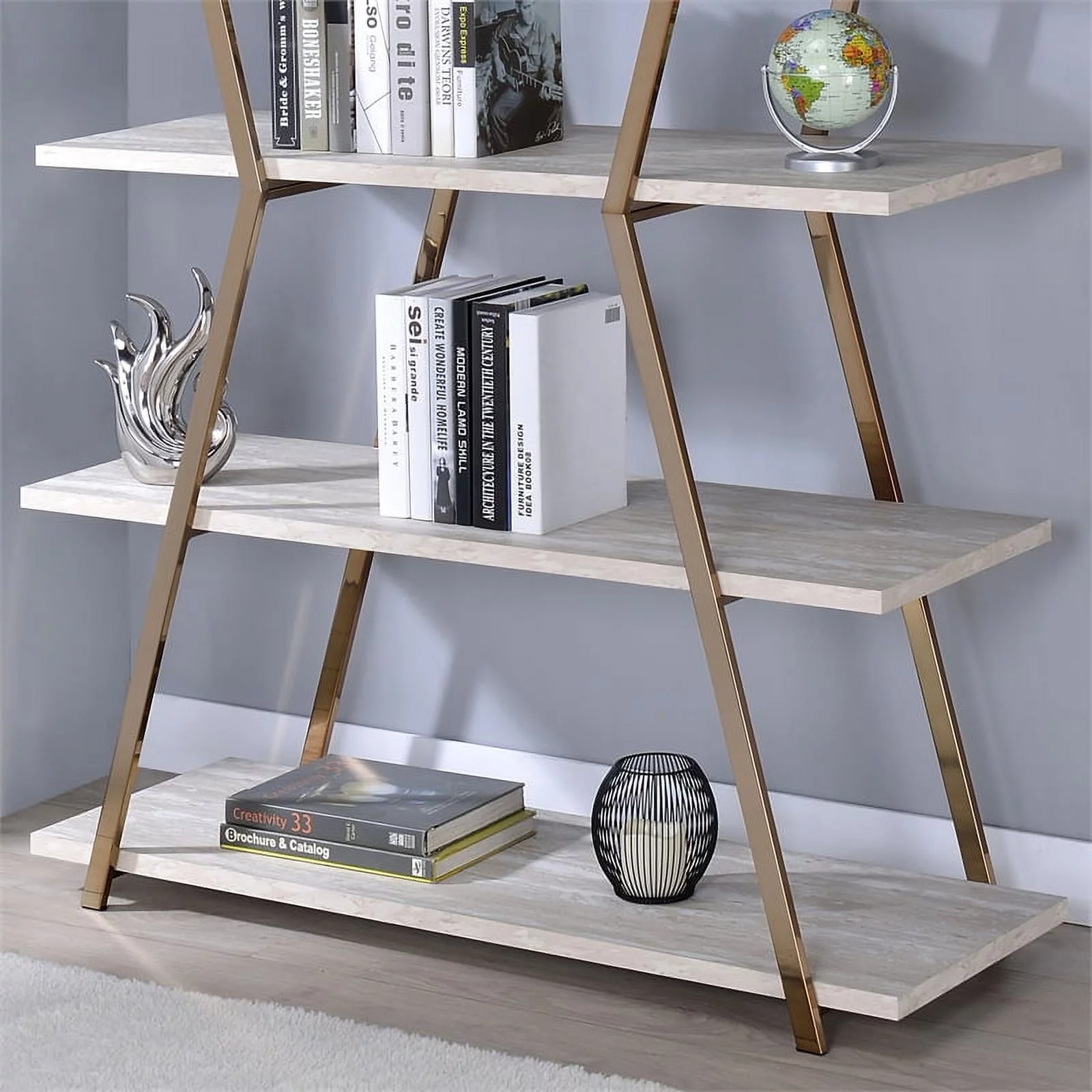 Bowery Hill Modern Metal 4-Shelf Bookcase in Gold Champagne Finish