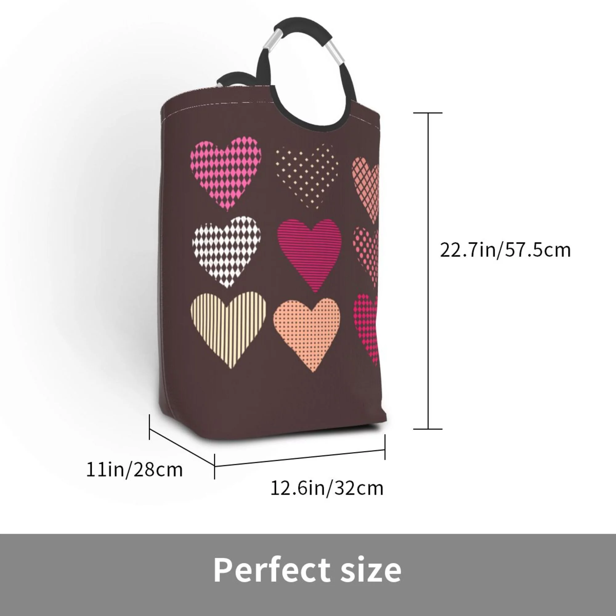 TEQUAN 50L Large Rectangular Laundry Hamper with Aluminum Handles, Brown Romantic Love Prints Waterproof Foldable Dirty Clothes Basket