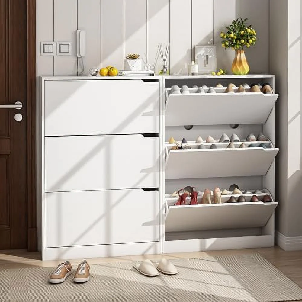 HOOMHIBIU Shoe Cabinet with 3 Flip Drawers Wood Entryway Shoe  Cabinet Freestanding Shoe Rack  Organizer for Entryway  Hallway  White and Rustic Brown 9.33" D x 31.5" W x 47.2"