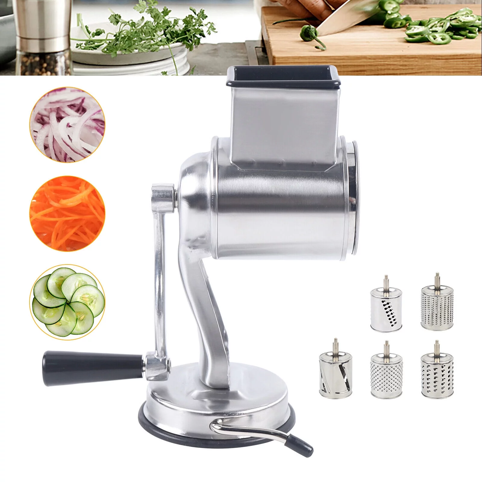 ZhdnBhnos Kitchen Food Rotary Grater Drum Slicer Grinding Tool Vegetable Shredder Grinder with 5 Blades Stainless Steel