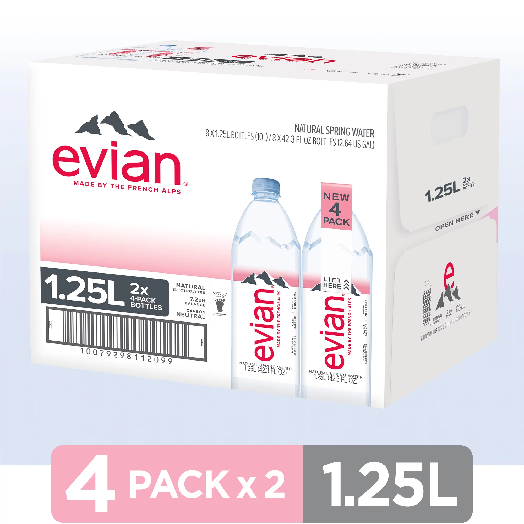 2 Pack, evian Natural Spring Water Bottles, Naturally Filtered Spring Water, 1.25 L bottle, 4 Count
