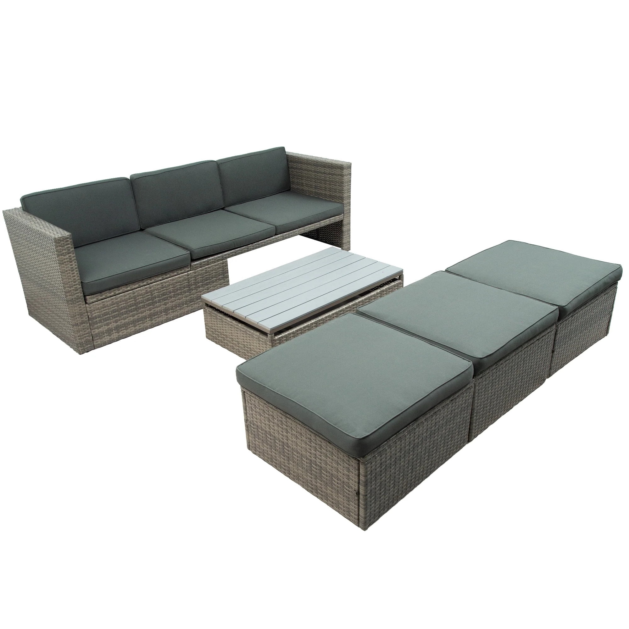 Patio Furniture Sets, 5-Piece Patio Wicker Sofa with Adustable Backrest, Cushions, Ottomans and Lift Top Coffee Table, Gray