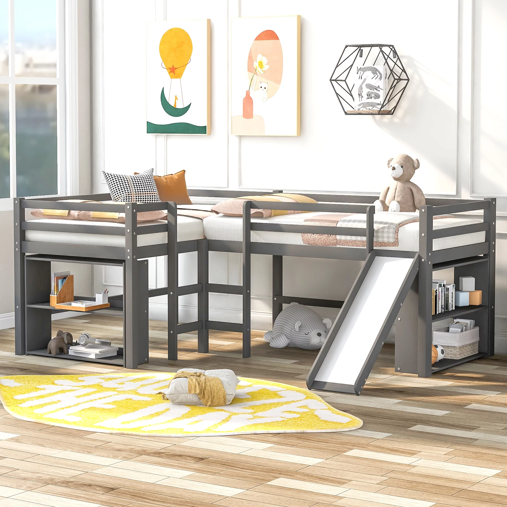 Twin Size L-Shaped Loft Bed with Slide and Movable Shelves for Storage, Low Loft Bed Corner Loft Bed Frame for 2 Kids, Teens, Boys & Girls (Gray)