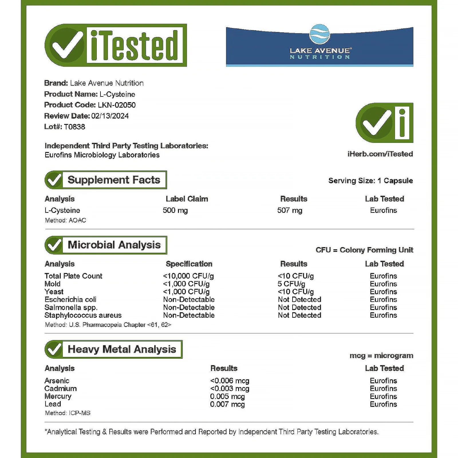 Lake Avenue Nutrition L-Cysteine, 500 mg, 90 Veggie Capsules